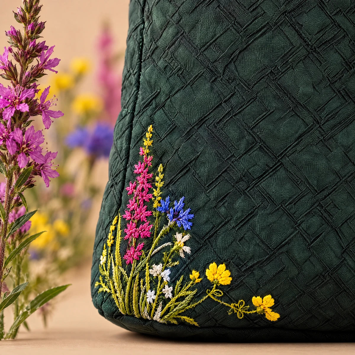 Makro der gestickten Wildblumen auf Airbagstoff